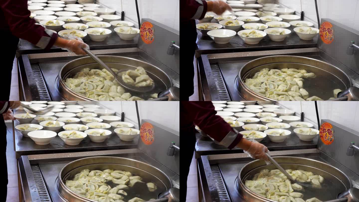 沸腾水饺的人间烟火气，煮熟的饺子出锅装碗