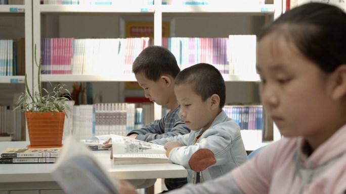 小学生在图书馆阅读看书学习读物温习功课