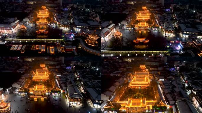 冬天南京夫子庙秦淮河的雪景夜景航拍风光