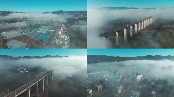 晨雾中动车运行在铁路高架桥50帧素材