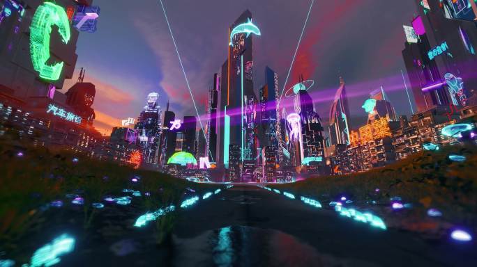 赛博朋克未来霓虹城市穿梭大屏舞台片头宣传