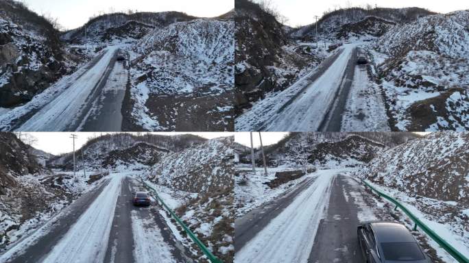 航拍北方雪后山峰湖农村