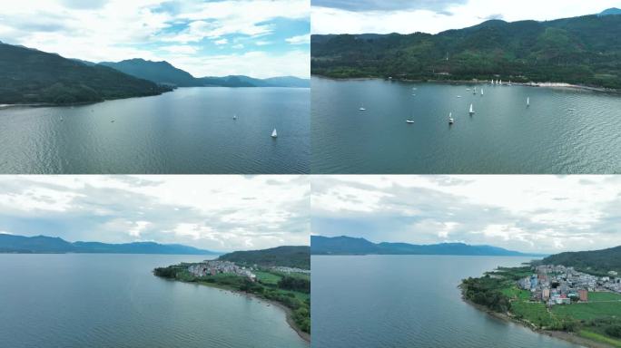 抚仙湖全景白色帆船湖面航拍