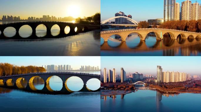 4K航拍临沂市涑河九孔桥“金光穿洞”风景
