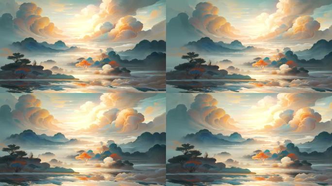 原创4K中国风国潮水墨云彩油画