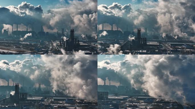 冬季石油化工厂烟雾排放大气壮观航拍