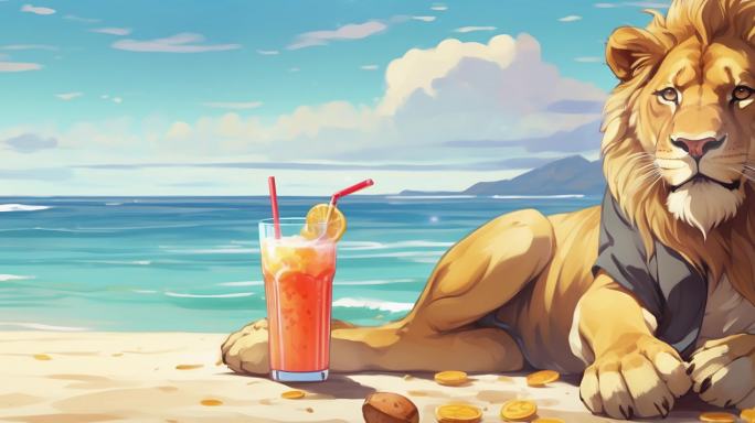 6K夏日海滩沙滩卡通狮子概念背景