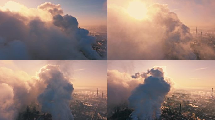 冬季石油化工厂烟雾排放大气壮观航拍