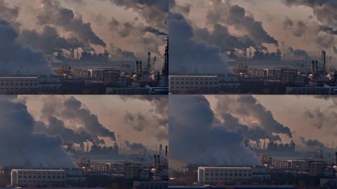 冬季石油化工厂烟雾排放大气壮观航拍