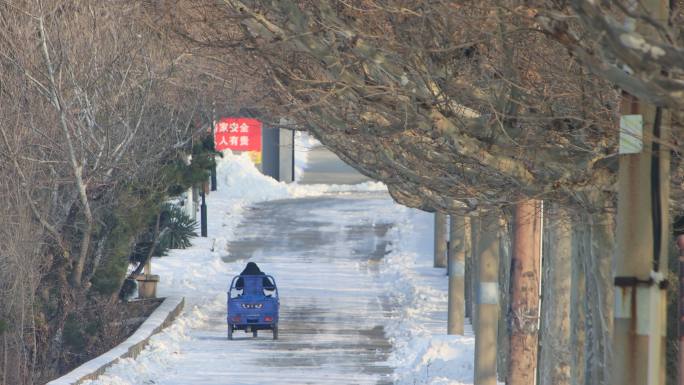 山东威海刘公岛丁公路雪天林荫三轮车