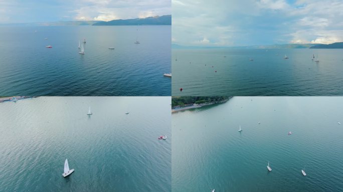 抚仙湖明星鱼洞景区白色帆船航拍4K