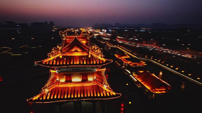 西安长安古城都市夜景城墙一角