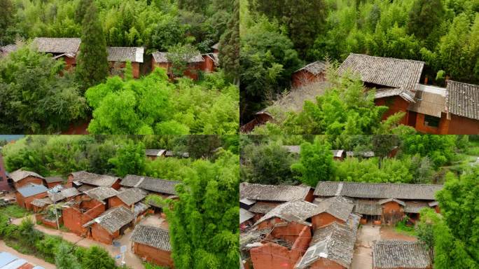 贫穷的山区破旧的村民土木结构瓦房航拍
