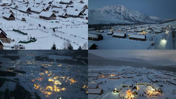 新疆禾木村冬季雪景夜景航拍混剪