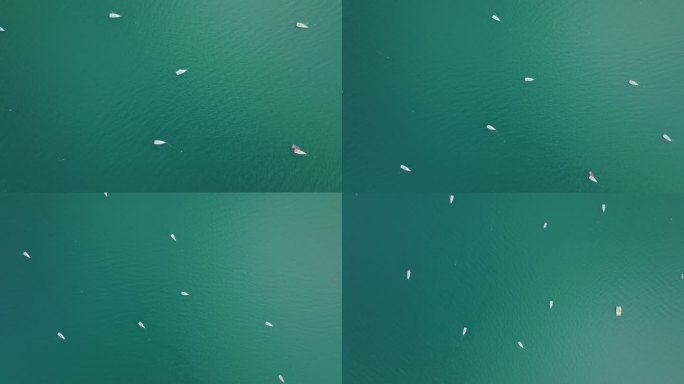 平静湖面白色帆船海面航拍俯视-4K