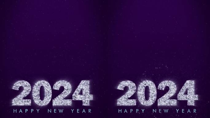 2024年新年快乐垂直银色文字配上五颜六色的烟花。英语的问候。银色动画字母和数字在紫色的背景。