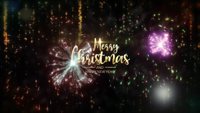 圣诞快乐，新年快乐金色文字与下降辉光雪花和烟花耀斑光爆发电影标题背景。新年快乐2024冬光。节日背景