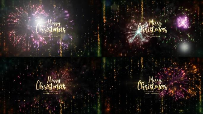 圣诞快乐，新年快乐金色文字与下降辉光雪花和烟花耀斑光爆发电影标题背景。新年快乐2024冬光。节日背景
