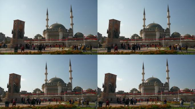 阳光明媚的一天伊斯坦布尔市著名的清真寺前拥挤的广场慢动作全景4k土耳其