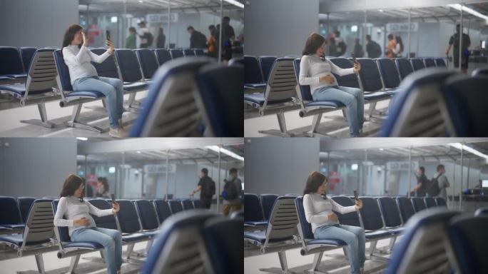 快乐的亚洲孕妇在机场等候飞往国外时，用电话和视频与亲戚聊天