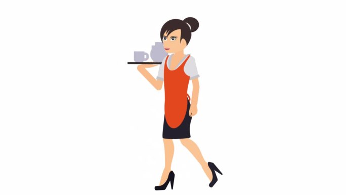 女服务员。一个女人端着托盘点餐的动画。卡通