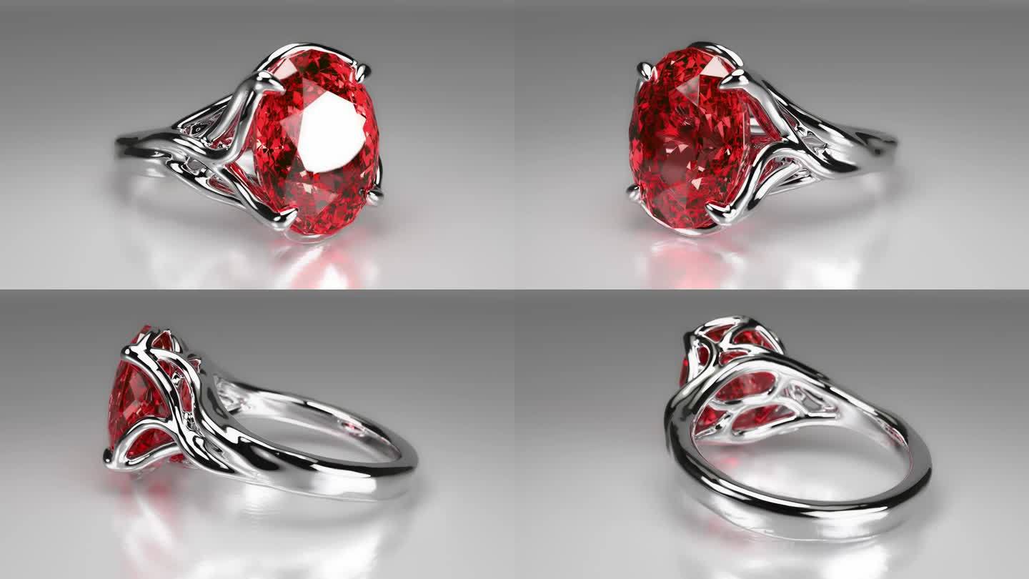 白色黄金戒指与红色宝石和花卉设计