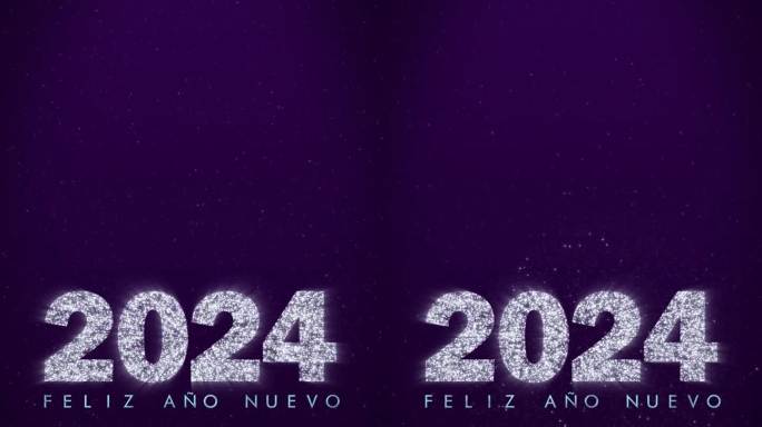 Feliz ano nuevo 2024。2024年新年快乐垂直银色文字配上五颜六色的烟花。西班牙的