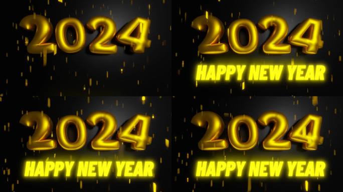 2024年新年快乐。金箔气球在一个黑色的背景与金箔颗粒从上面掉下来