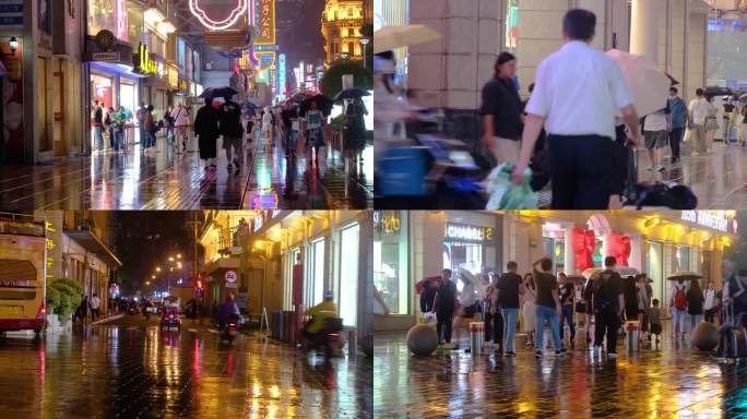 夜晚城市街道街头人流行人街景夜景逛街素材