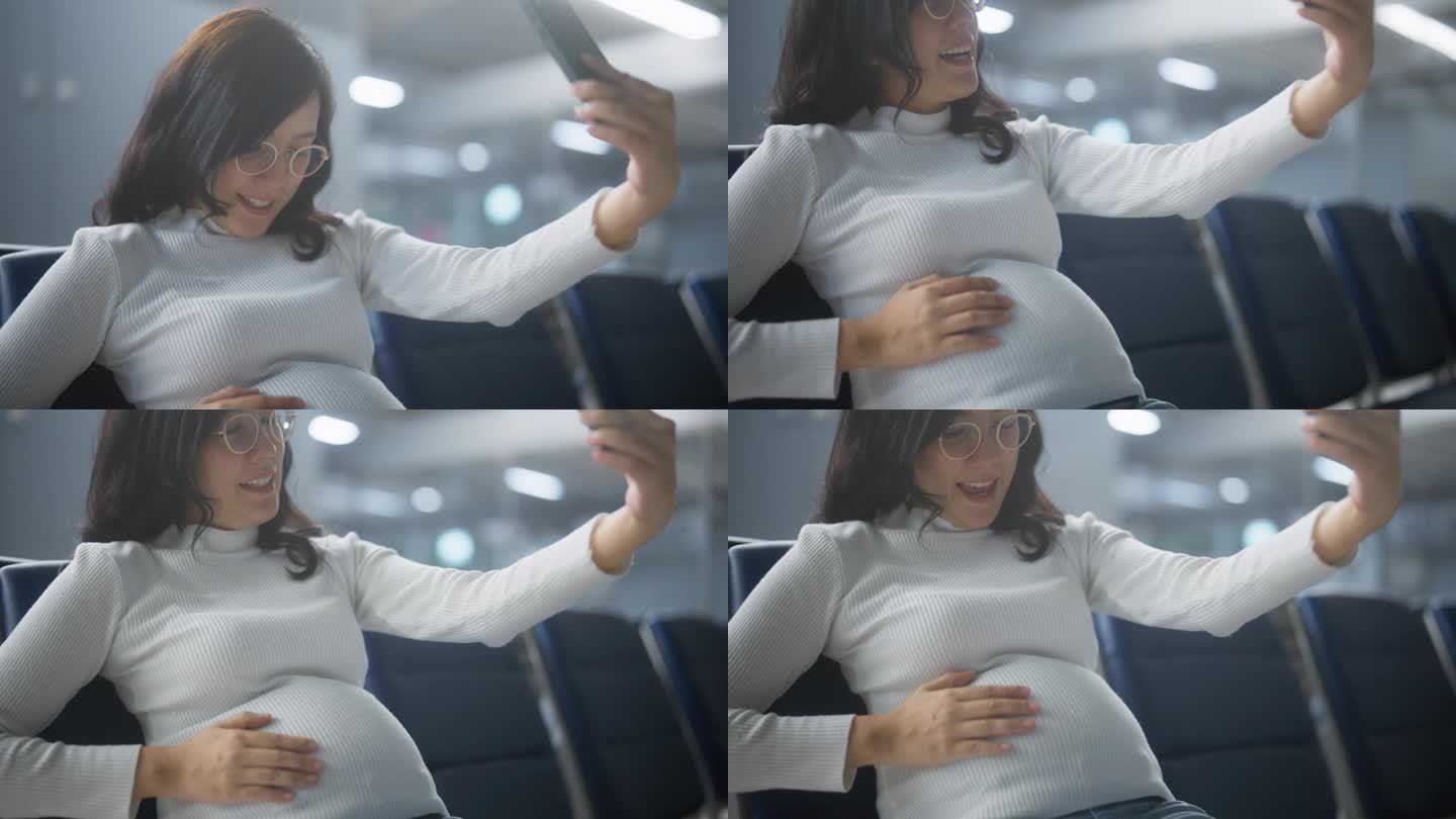 亚洲孕妇在机场与朋友用手机视频通话