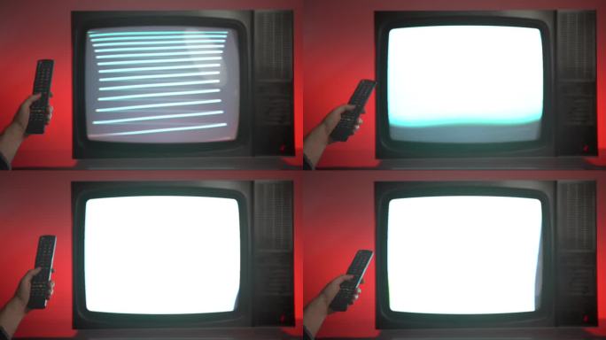 红色背景的老式电视，卫星信号不好的闪烁电视屏幕，闪烁屏幕上的横条纹，干扰和失真的概念