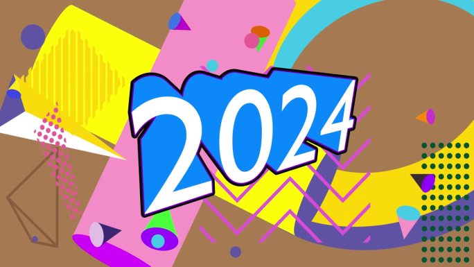 数字2024几何图形复古节日，新年主题背景视频。
