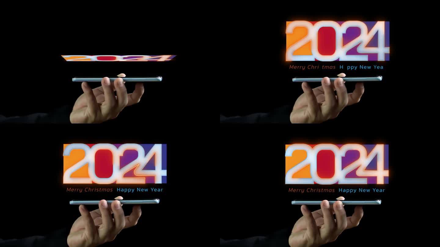 智能手机显示了2024年圣诞新年的单词，黑色背景孤立。新的一年概念开始，快乐庆祝，节日庆祝，新生活，