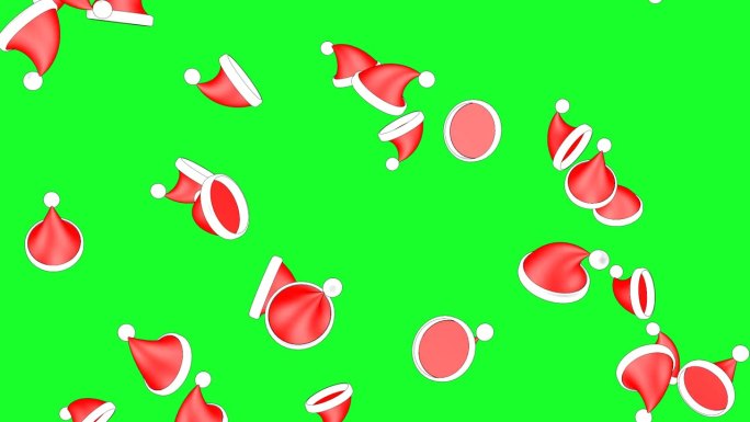 红色圣诞老人的帽子雨点般落在绿色的屏幕上。3 d动画。