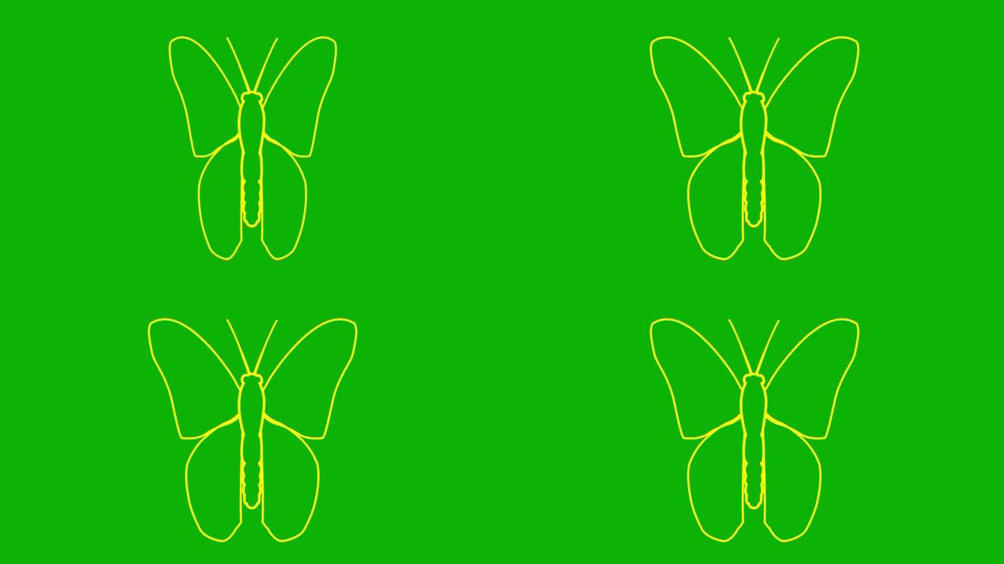 活泼的黄色蝴蝶扇动翅膀。线性符号。毛圈的视频。矢量插图隔离在绿色背景上。