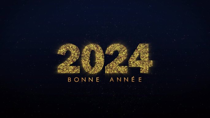 2024年波恩奥运会。祝2024年法国新年快乐。闪闪发光的动画字母和数字在深蓝色的背景。横向金色烟花