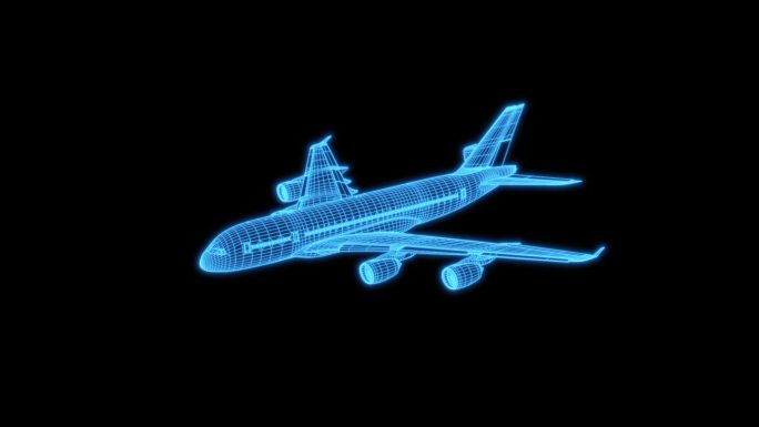 4K蓝色全息科技线框客运飞机