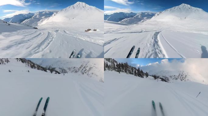 滑雪场滑雪雪景雪山阳光第一视角蓝天白云