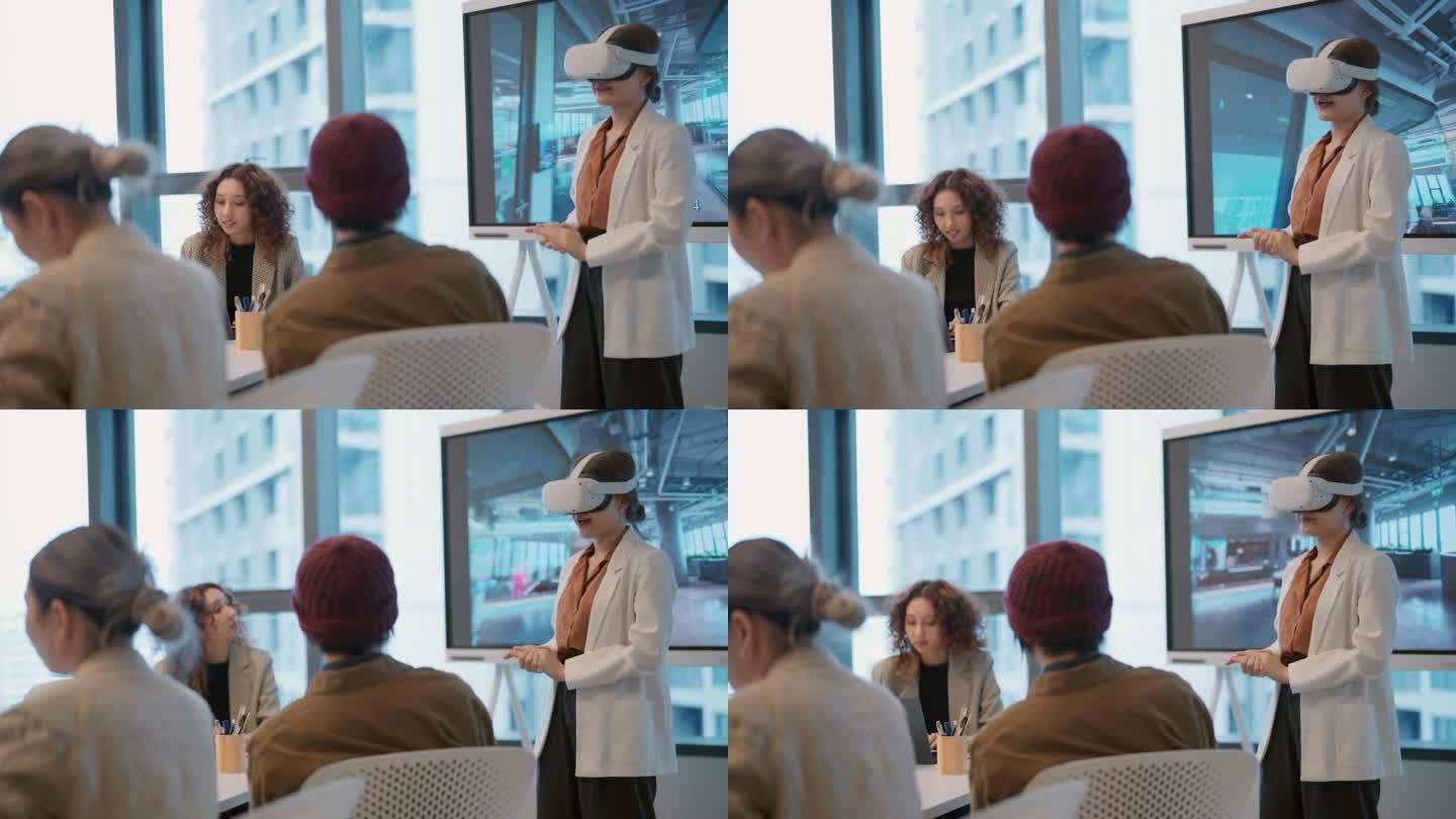 亚洲女企业家戴着虚拟现实眼镜，在办公室聚精会神地享受着随意的虚拟会议。