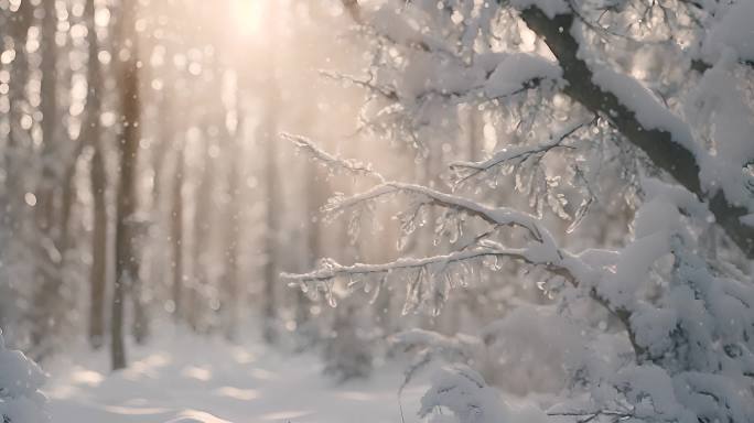 冬天森林阳光雪花飘落唯美梦幻空镜【合集】