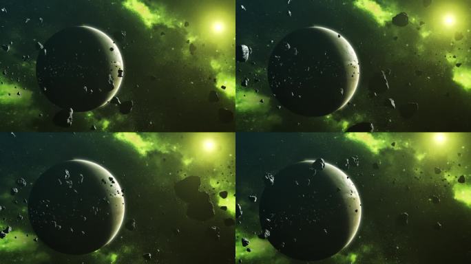 外太空。绿色星云。小行星带。