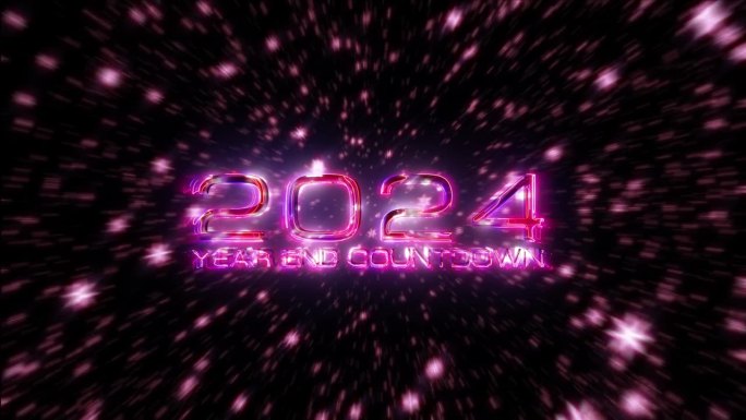 2024年结束倒计时辉光粉红色霓虹灯文字与下降辉光粉红色星星粒子电影标题动画黑色抽象背景