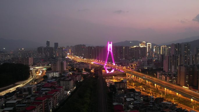 龙岩市龙岩大道大桥主城区城市夜景航俯拍