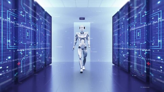 AI机器人在高科技服务器机房中向前行走。