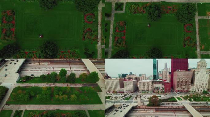 芝加哥格兰特公园的空中除草工人俯身向上，露出芝加哥的摩天大楼。风景公园草坪护理，城市种植者集体。Un
