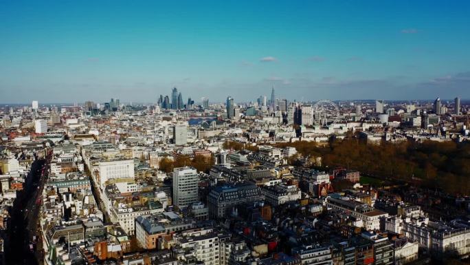 无人机视角下阳光明媚的伦敦城市景观