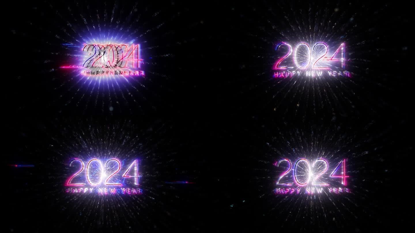 2024新年快乐辉光文字与辉光紫色粉红色星星粒子电影标题抽象背景为您的事件，VJ，音乐会，标题，预览