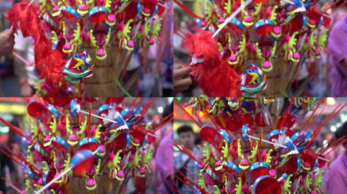 曼谷唐人街街道上的中国龙手鼓和木偶玩具新年节日时间4k