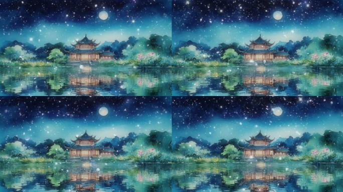 中式建筑背景月光背景视频素材中式