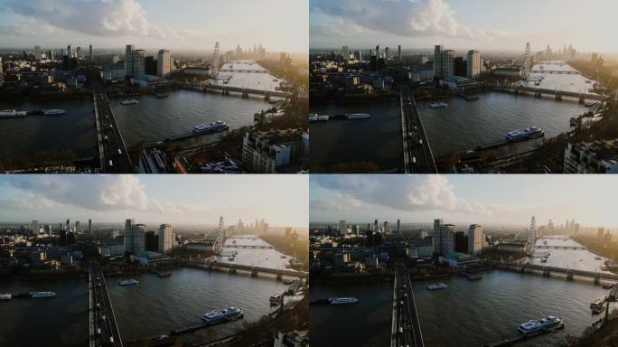 无人机视角下的伦敦泰晤士河大桥上的汽车